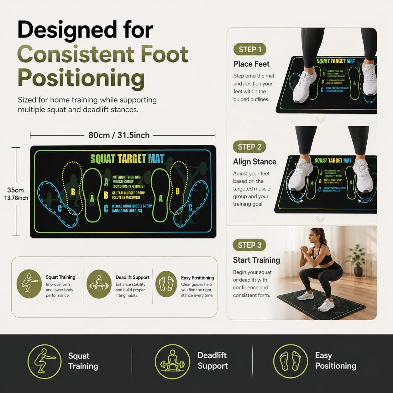 Squat Mat with Foot Position,Non-Slip Workout Mat for Squats & Leg Exercises, Improves Muscle Activation & Knee Support, Home Gym Fitness Mat,30 * 13.8"Inch Squat Pad
