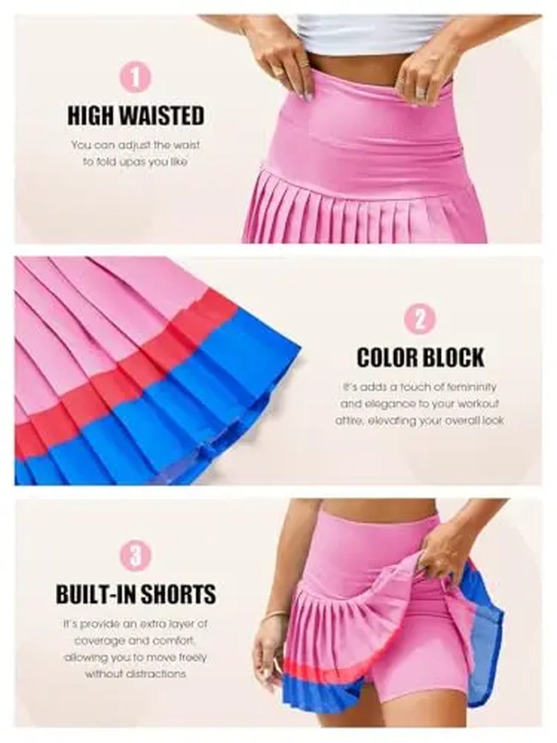 FISOEW Women'S High Waisted Tennis Skirts Color Block Pleated Athletic Golf Skorts with Built in Shorts
