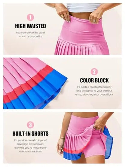 FISOEW Women'S High Waisted Tennis Skirts Color Block Pleated Athletic Golf Skorts with Built in Shorts