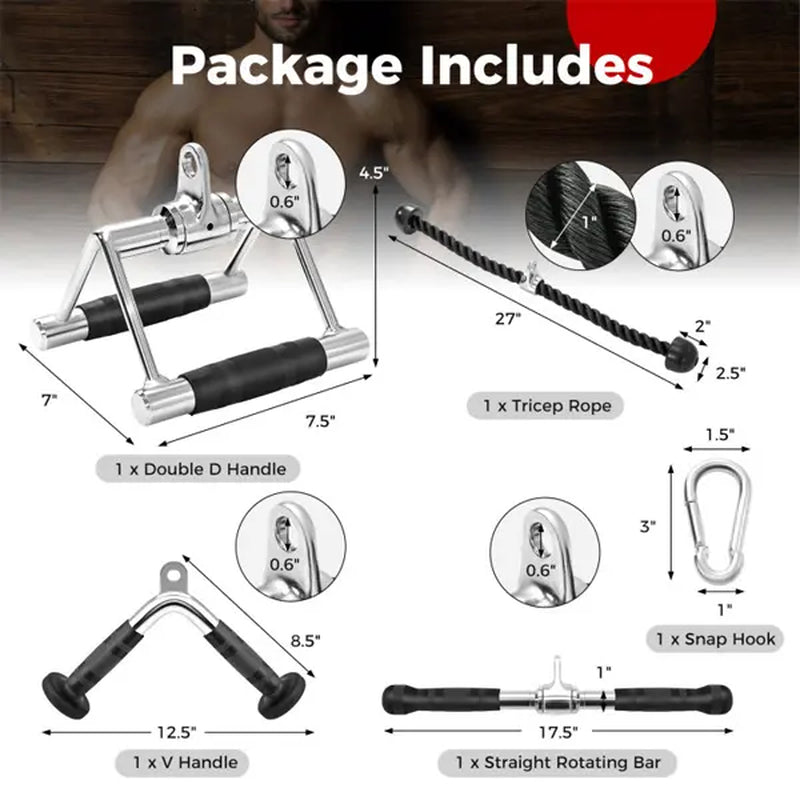 5PCS Cable Machine Attachment Set, Lat Pull down Accessories with Tricep Rope, V Bar, Straight Bar, D Handle & Carabiner, Non-Slip Grip for Home Gym Strength Training Home Gym Equipment Workout Equipment Summervibes